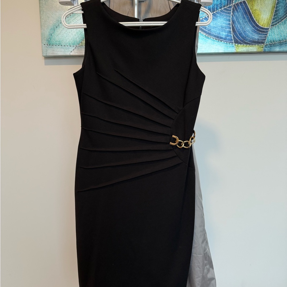 Ivanka Trump Black Midi Dress with Gold Chain Detail